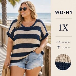 WD·NY Knit Top Womens Size 1X Blue Stripe Ribbon Knit Sheer Sweater Beachwear